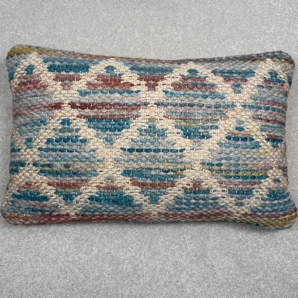 Loloi Wool Jute Geometric‎ Lumbar Pillow 13x21 Blue Cream Boho Woven Cushion